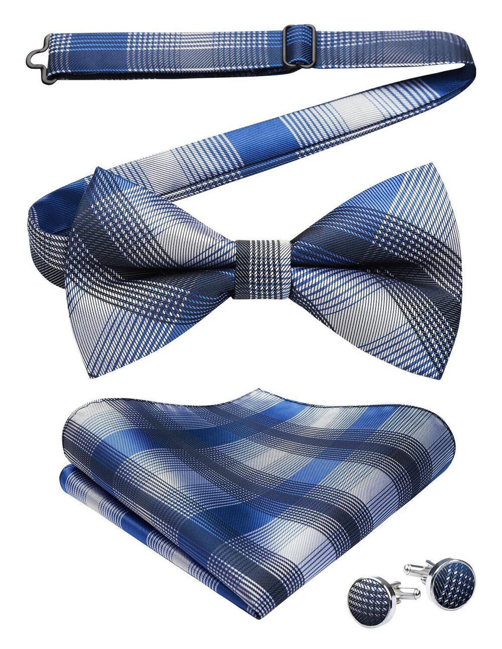 3247 Bow Ties Blue White Bowtie and Handkerchief Cufflinks Set Dark Blue